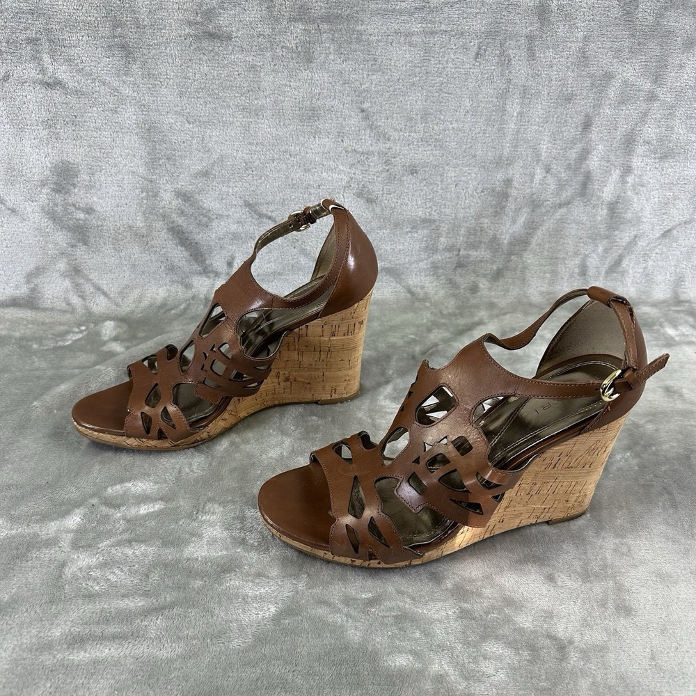 Tahari Women's 10 Brown Tan Leather Cork Wedge Open Toe Strappy Lazer Cutout - Picture 3 of 10